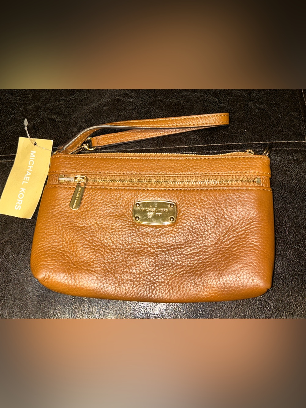 Michael Kors Jet Set Brown Pebbled Double Zip Leather Wristlet Purse New Tag
